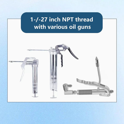 Beast Of A Heavy Duty Grease Needle Tip Dispenser with alloy screw thread, displayed with various oil guns for tight spaces lubrication.