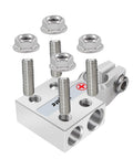 Beefy 8-Way Lead Acid Battery Terminal Connector Kit with AGM Post Ends for SAE DIN EN Tapered Top Posts, shown with bolts and nuts