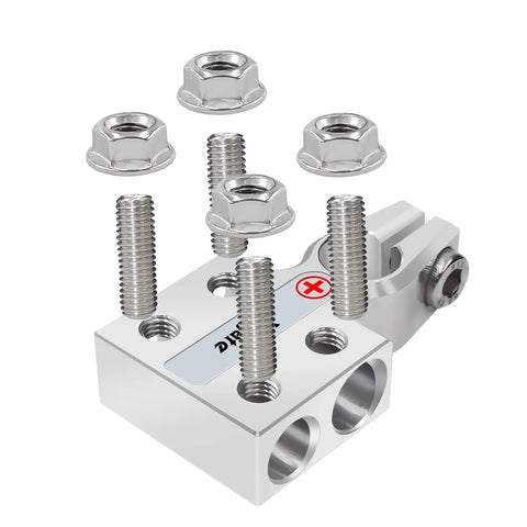 Beefy 8-Way Lead Acid Battery Terminal Connector Kit with AGM Post Ends for SAE DIN EN Tapered Top Posts, shown with bolts and nuts