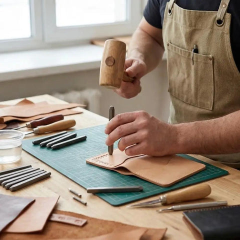 Craftsman using Pro Grade 20Pc 6Mm Steel Anvil Chisel Set For Engraving And Metalworking on leather with wooden mallet