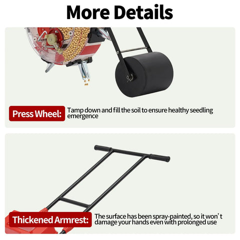 Details of the Manual Garden Seeder Hand Push Walk Behind Planter With 7 Nozzles for precise planting; press wheel and handles shown.