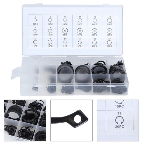 Beefy 300 Piece E Clip Kit External Retaining Rings Set 2 To 32mm with storage case and diagram of various sizes visible.