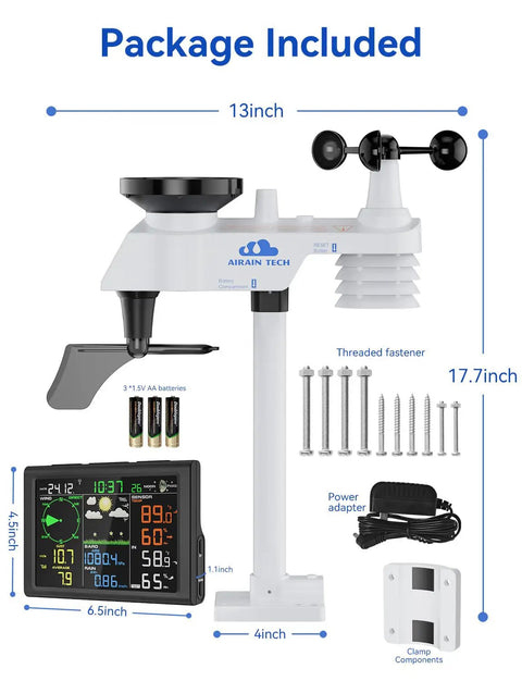 10 In 1 Wireless Weather Station With Outdoor Sensor Rain Gauge Atomic Clock Wind Speed And Direction Indoor Temperature And Humidity Barometer Weather Forecast No WiFi Swiss High Precision Temperature And Humidity Sensor with accessories displayed, including mounted components and monitor.