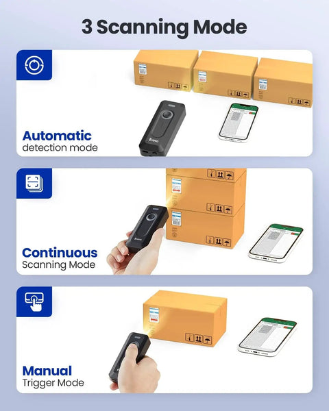 3 scanning modes of the Pocket Clip On 2D Bluetooth Barcode Scanner With 2000mAh Battery And Level Indicator