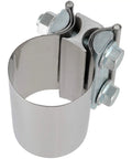 Close-up of a Four Pack 2.5 Inch Stainless Steel Butt Joint Exhaust Clamp Band Sleeve Built Tough Premium Durable Auto Exhaust Clamp
