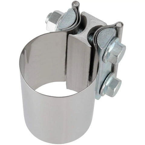 Close-up of a Four Pack 2.5 Inch Stainless Steel Butt Joint Exhaust Clamp Band Sleeve Built Tough Premium Durable Auto Exhaust Clamp