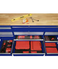 Badass 72 Inch Wide Mobile Workbench Tool Chest With Solid Wood Top Integrated Power Strip And 18 Hella Spacious Drawers For Rock Solid Gloss Blue Garage Storage, top view showing tools and organized drawers.