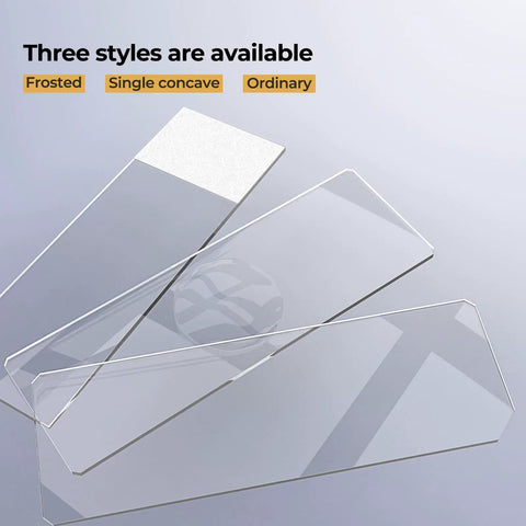 Rounded Edge Microscope Slides Kit Includes 50 Pre Cleaned Blank Slides And 100 Pro Grade 22x22mm Square Coverslips For Monocular Binocular And Trinocular Microscopes Vacuum Packed For Safe Transit And Double Protection. Three microscope slide styles: frosted, single concave, and ordinary