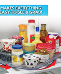 Smart Spin Rotating Refrigerator Organizer Lazy Susan For Spice Rack Condiment Storage And Cabinet Organization In The Fridge Pantry Kitchen Clear Must Have Space Saving Design holding condiments.
