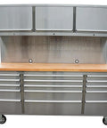 Heavy Duty 72 Inch Rolling Tool Chest With 15 Deep Drawers And Three Top Cabinets featuring stainless steel finish and wooden worktop.