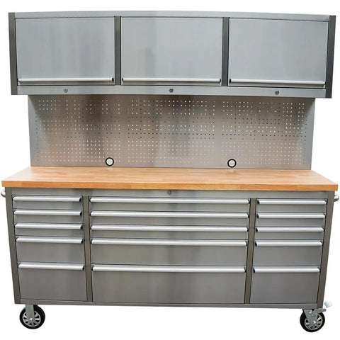 Heavy Duty 72 Inch Rolling Tool Chest With 15 Deep Drawers And Three Top Cabinets featuring stainless steel finish and wooden worktop.