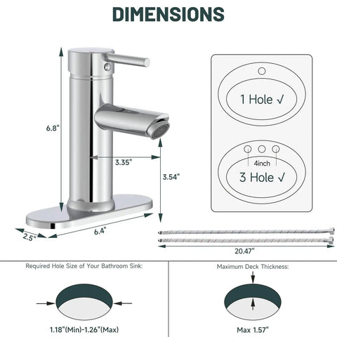 Chrome One Hole Bathroom Faucet With Single Lever Handle, Deck Mount Lavatory Sink Faucet dimensions diagram