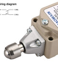 Rock Solid IP66 Waterproof Limit Switch With Sealed Top Ball Plunger and Momentary Snap Actuator showing wiring diagram and metal plunger.