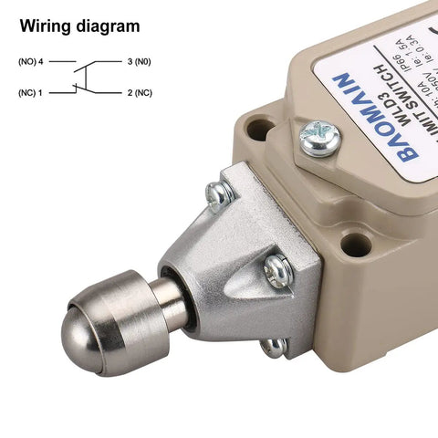 Rock Solid IP66 Waterproof Limit Switch With Sealed Top Ball Plunger and Momentary Snap Actuator showing wiring diagram and metal plunger.