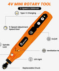 4V Mini Rotary Tool with 5-speed adjustment, Type-C charging, and 2000mAh battery for various sanding and engraving tasks.