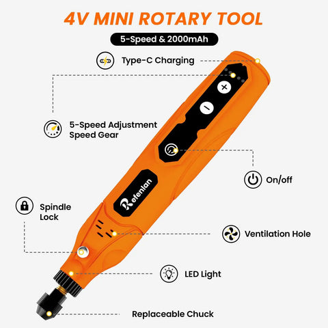 4V Mini Rotary Tool with 5-speed adjustment, Type-C charging, and 2000mAh battery for various sanding and engraving tasks.
