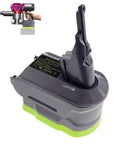 Ryobi 18V High Capacity Battery Adapter for Dyson V7 V8 Vacuums, displayed with attached vacuum for home DIY cleaning.
