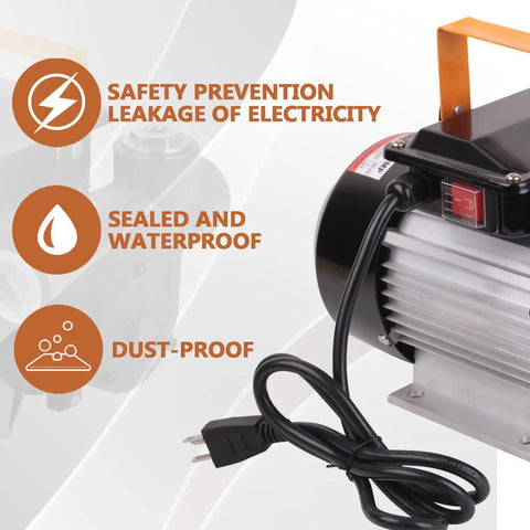 Heavy Duty 110V AC Electric Fuel Transfer Pump 16 GPM Self Priming For Diesel Kerosene Biodiesel With Solid Copper Motor showing waterproof and dust-proof features.