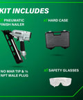 Kit includes Finish Nailer With Air Duster For Crown And Base Molding 15 Gauge Angled Pneumatic Nailer, hard case, safety glasses.