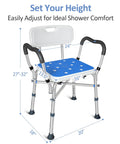 Built To Last Heavy Duty Shower Chair With Arms Inside Shower, 550 Lb Capacity, dimensions shown for adjustable height, width, and depth.