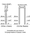 Diagram showing 16 Ga. L cleats and 15.5 Ga. staples dimensions, compatible with 2-In-1 Pneumatic Flooring Nailer And Stapler With Dual Handles