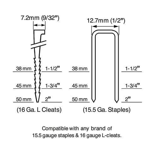 Diagram showing 16 Ga. L cleats and 15.5 Ga. staples dimensions, compatible with 2-In-1 Pneumatic Flooring Nailer And Stapler With Dual Handles