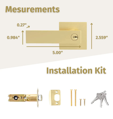 Diagram showing measurements and installation kit for Entry Lever Door Handle And Single Cylinder Deadbolt Lock Combo Pack Heavy Duty Satin Brass Reversible Square Locking Lever Set For Left Or Right Handed Doors Includes Keyed Entry And Hardware.