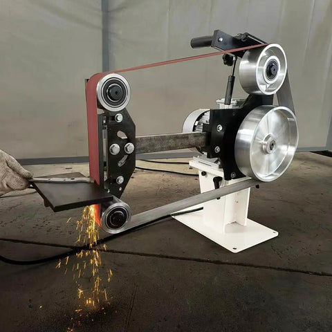 Badass 2X72 Inch Variable Speed Belt Sander And Multi Angle Vertical Horizontal Grinder For Knife Polishing With Three Abrasive Wheels And Rock Solid Base 110V 2840 RPM Shop Staple, showing sparks from metal sharpening.