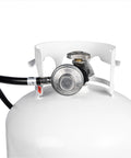 3 Foot Propane Adapter Hose With Regulator For 20 Lb Tank, Perfect For Tabletop Griddles And Gas Grills, attached to propane tank