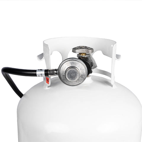 3 Foot Propane Adapter Hose With Regulator For 20 Lb Tank, Perfect For Tabletop Griddles And Gas Grills, attached to propane tank