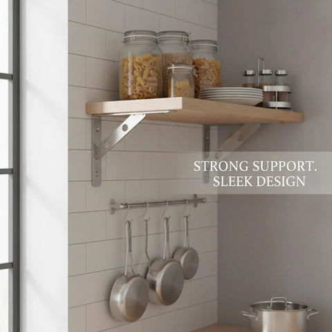 Heavy Duty Stainless Steel Wall Shelf Bracket, L Shape Support For Kitchen with pots and jars, silver finish, durable