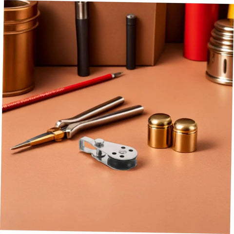 Stainless Steel Single Pulley Block Set For Rope Sailing Kayak Boat Hardware on a desk with tools and containers