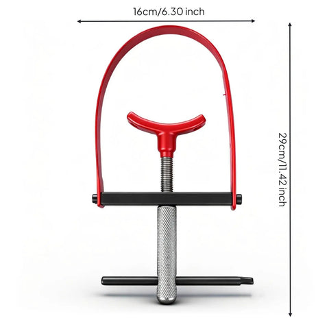 Professional Grade Premium Steel Motorcycle Clutch Spring Compressor Tool Kit dimensions with steel clamp and red arch frame.