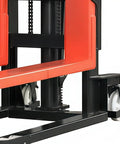 Heavy Duty Manual Pallet Jack With A Rugged Hydraulic Pump And Reinforced C Channel Steel Forks showing sturdy wheels and lifting mechanism.