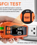 Three-Wire 120V AC Outlet Tester With GFCI Function, Detects Open Ground, Open Neutral, Hot Ground Reverse, Hot Neutral Reverse, Open Hot, Dual Open, Color LCD Screen, LED Indicator Lights, Must-Have Standard 3-Wire Receptacle Tester in orange with LCD and outlet
