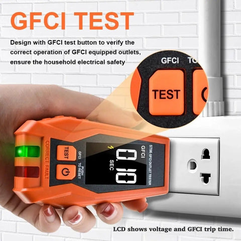 Three-Wire 120V AC Outlet Tester With GFCI Function, Detects Open Ground, Open Neutral, Hot Ground Reverse, Hot Neutral Reverse, Open Hot, Dual Open, Color LCD Screen, LED Indicator Lights, Must-Have Standard 3-Wire Receptacle Tester in orange with LCD and outlet