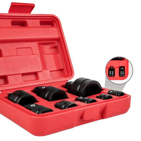 8 Piece Impact Socket Adapter Set With V Wrench Reducers Drive Converter Kit in open red case showing adapters with secure detent lock