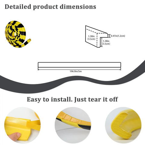 Hella Durable Foam Wall Corner Guards 197 Inches Yellow Black Stripes showing product dimensions and installation details.