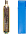 45g 60cc CO2 Cylinder With Half Inch Thread for Airbag Vest next to blue protective case, for Motorcycle Safety Gear.
