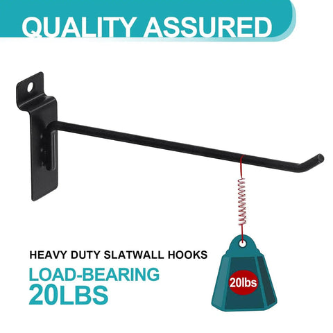 Built Tough Heavy Duty Slatwall Hooks Pack Of 50, 8 Inch Black Slatwall Accessories with load-bearing 20lbs capacity