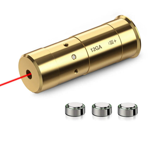 12 Gauge Bore Sight Red Dot For Fast Gun Zeroing In The Chamber, Class IIIA Less Than 5mW, Brass Construction, Caliber Specific Fit For 12 Gauge, Includes Three AG13 Batteries For About Eight Hours Of Power