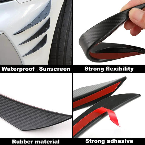 12 Piece Universal Car Spoiler Canards Kit With Front Bumper Lip Splitter Exterior Soft Rubber Fins Spoilers Anti Collision Strip Decals For Your Ride Vehicle Body Decoration Carbon Fiber Black showing details like flexibility and adhesive quality