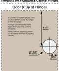 Template for installing 25-Pack Full Overlay Frameless Soft-Close European Cabinet Hinges, includes measurements for hinge cup.