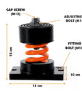 Beefy Orange Cup Spring Mount Isolators Set Of 4 With Rock Solid 880 Lbs Load Capacity And One Inch Deflection close-up view with dimensions and bolts.