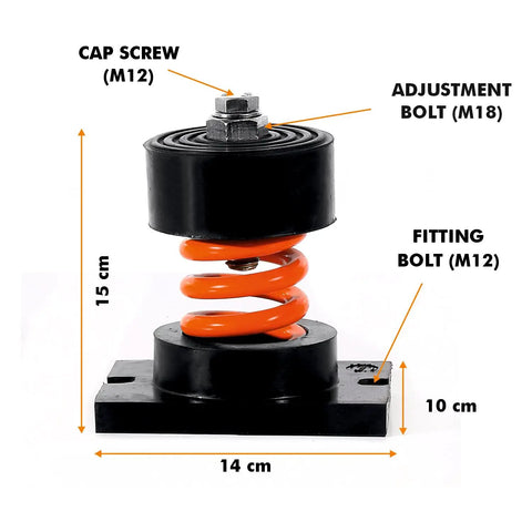 Beefy Orange Cup Spring Mount Isolators Set Of 4 With Rock Solid 880 Lbs Load Capacity And One Inch Deflection close-up view with dimensions and bolts.