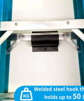 Garage Wall Ladder Hooks 2 Pack, Heavy Duty Wall Mount Hanger holding a ladder on welded steel frame, supports up to 50 lbs
