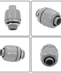 No Sweat Half Inch Npt 180 Degree Straight Conduit Connector Plug 20 Pack Toolless Slide Setup Tough Steel Hybrid Impact Proof Electrical Wire Cable Fitting Set in gray, showcasing various angles of conduit plug.