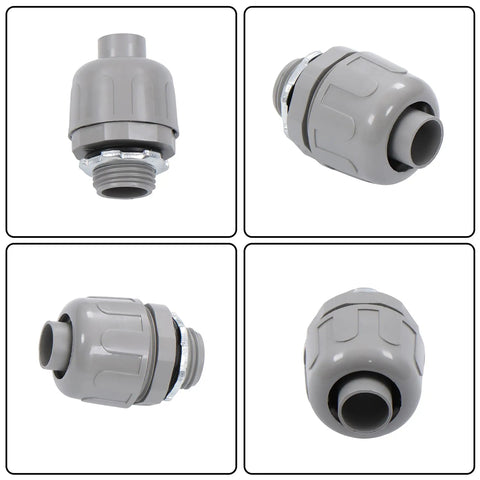 No Sweat Half Inch Npt 180 Degree Straight Conduit Connector Plug 20 Pack Toolless Slide Setup Tough Steel Hybrid Impact Proof Electrical Wire Cable Fitting Set in gray, showcasing various angles of conduit plug.
