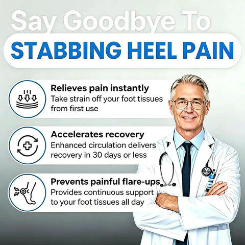 Doctor promoting ankle brace benefits for heel pain relief, faster recovery, and preventing flare-ups with a smiling pose.