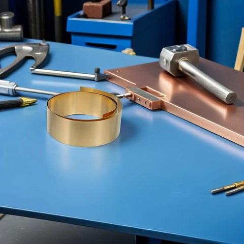 Thin Brass Sheet Roll And Brass Foil For DIY Jewelry Making And Craft Projects With High Thermal Conductivity And Wear Resistance For Mechanical Parts Decorative Projects Garden Crafts And Grounding Uses, coiled brass foil on workbench